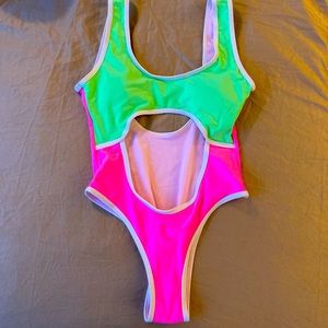 Neon Green and Pink Cut Out High Cut One Piece